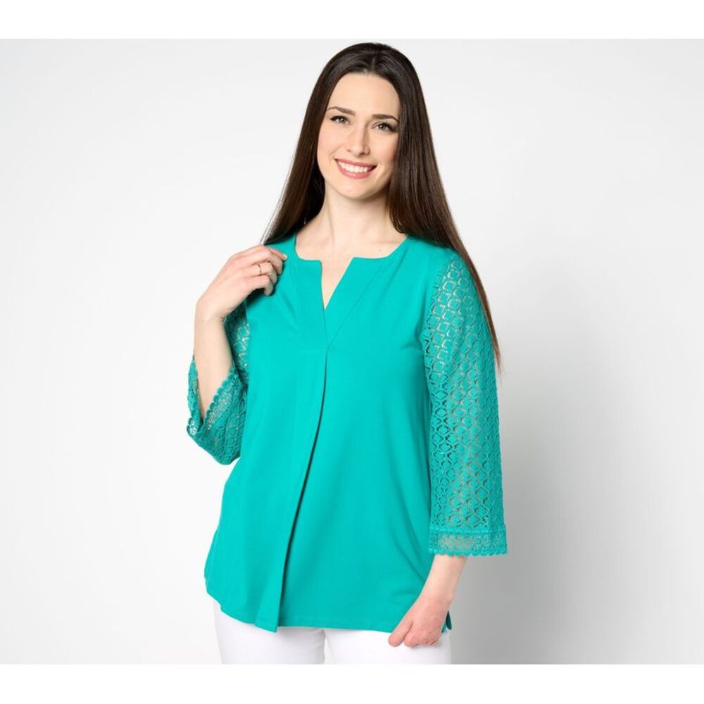Isaac Mizrahi Live! Women's Top Plus Sz 5X Split Neck Sleeve Pleat Blue A647684